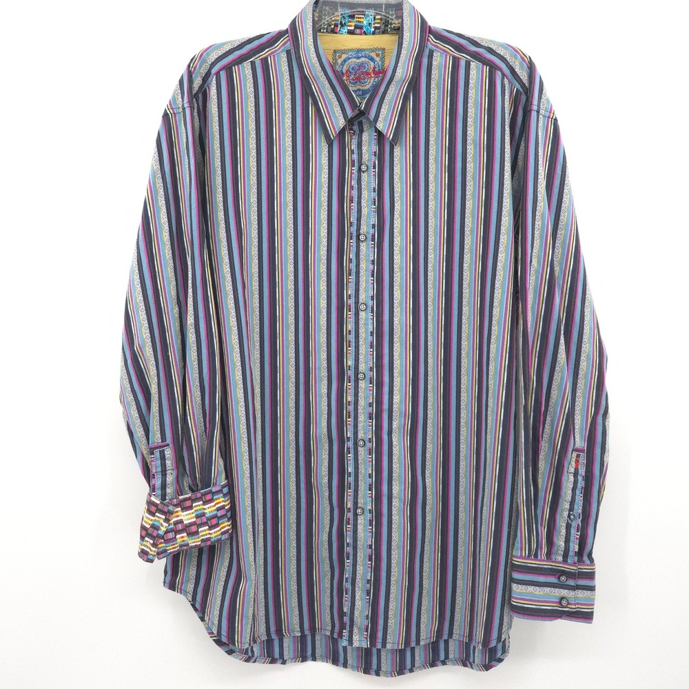 Robert Graham Button Down Shirt Mens 3XL Multicolor Stripe Contrast Cuff L/S
